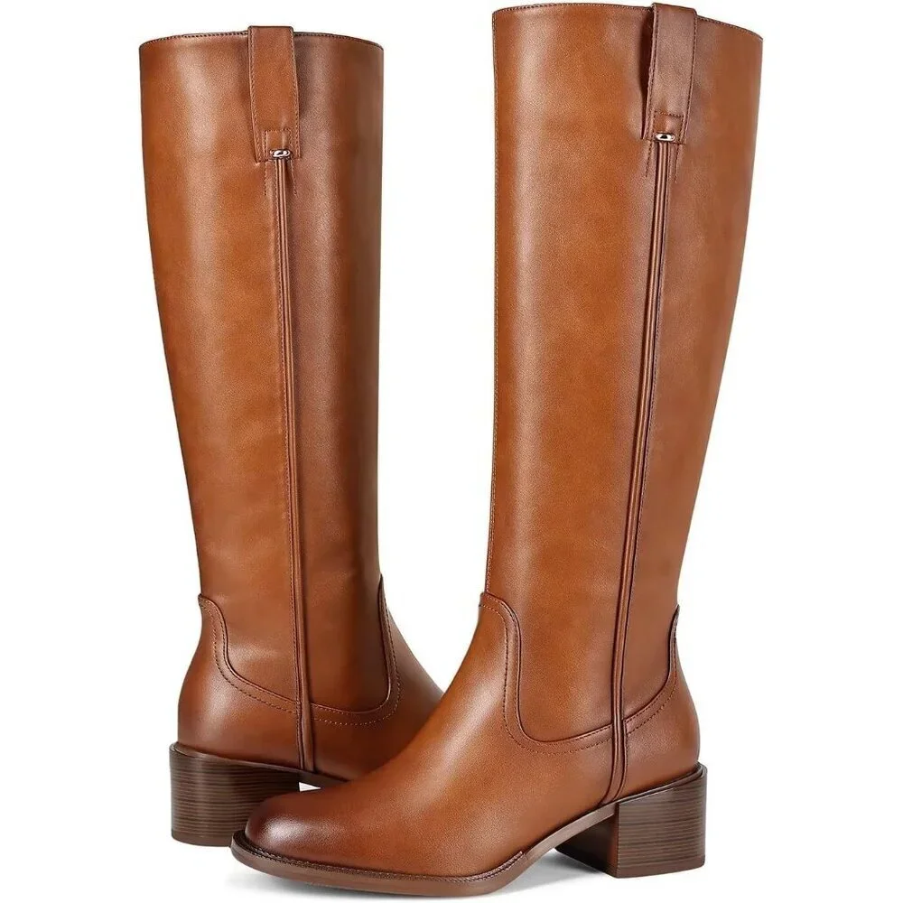 Women's A Brown Chunky Low Block Heel Round Toe Faux Leather Knee High Boots